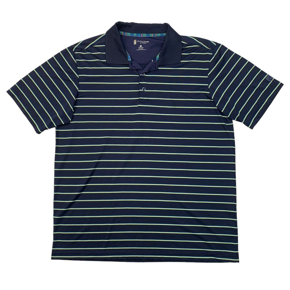 St. Andrews of Scotland Polo Shirt Mens XL Extra Large Navy Blue Striped Golf